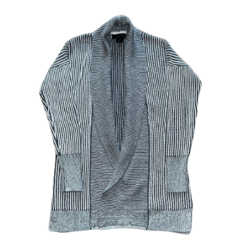 Tahari navy blue and white ribbed open tunic cardigan sweater size S - Picture 2 of 4